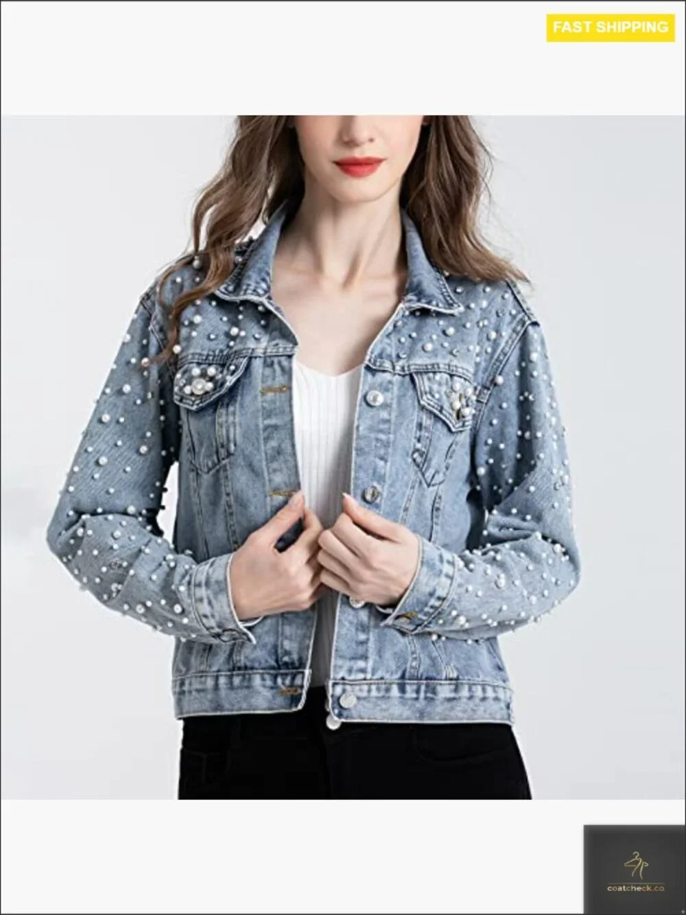 Crop Denim Jacket Rhinestone Pearl Embellished Button Down Long Sleeve